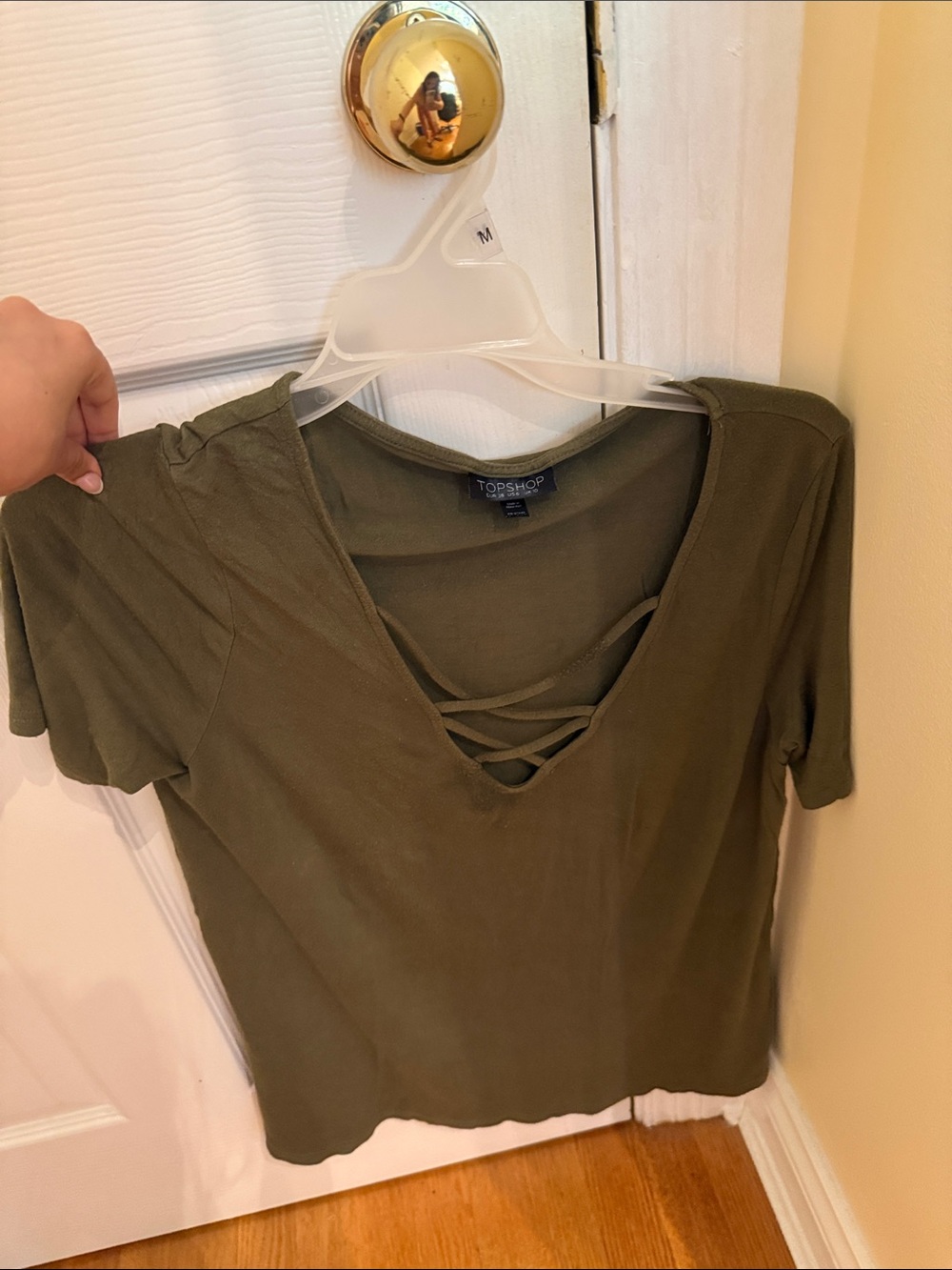 Topshop Olive Green Short Sleeve V-Neck Top with Crisscross Detail